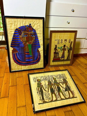 Set of framed real papyrus pictures with bronze or copper statue and marble lamp