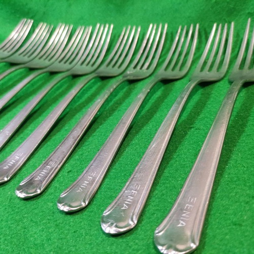 Nissiotis Rostfrei forks used, set of 10, collectible Xenia 1968