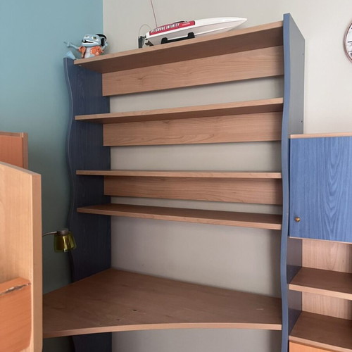 Bunk bed set with desk, shelves and storage, like new
