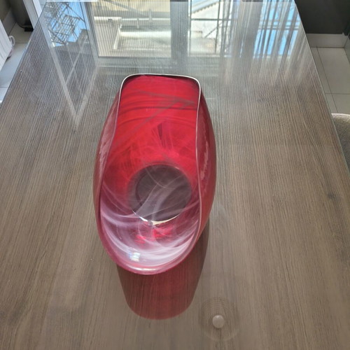 Handmade glass bowl like new with red and white swirl design