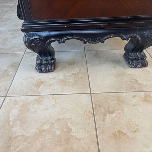 Vintage Walnut Buffet Table like new with carved lion legs and glass top