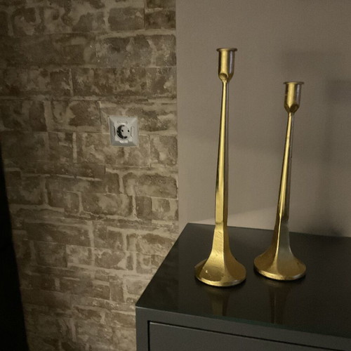 Set of two brass candlesticks with 24k gold leaf