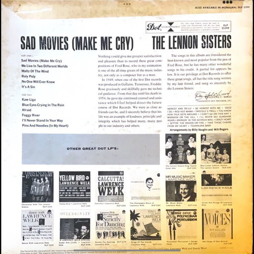 The Lennon Sisters Sad Movies Make Me Cry LP used