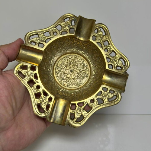 Vintage handmade brass ashtray with floral engravings