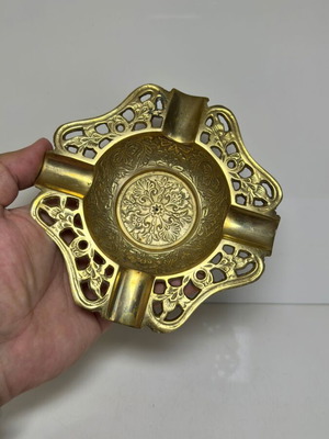 Vintage handmade brass ashtray with floral engravings