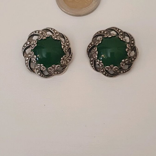 Vintage clip earrings silver used with green onyx