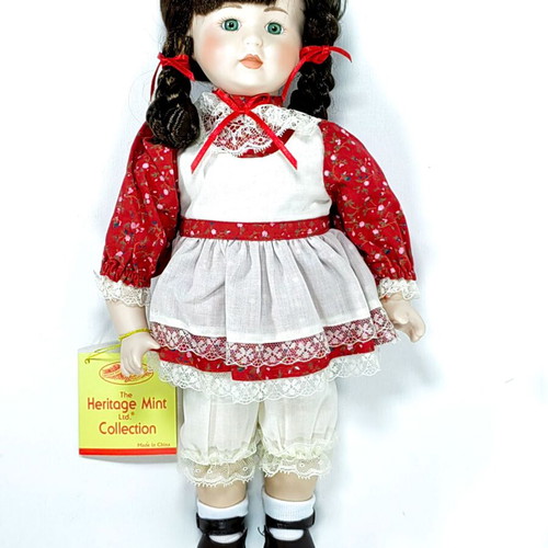 Vintage Heritage Mint Porcelain Doll 1990 Red White Floral Dress