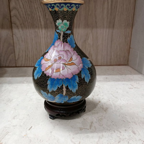 Pair of Vintage Cloisonné Vases Like New with Wooden Bases