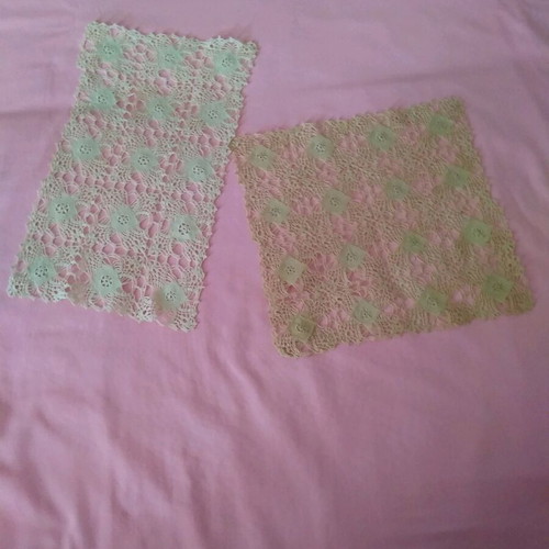Table linens set used, small beige doily and ecru square