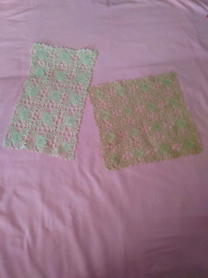 Table linens set used, small beige doily and ecru square