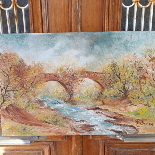Gefyri tou Erotas painting used, vintage autumn landscape