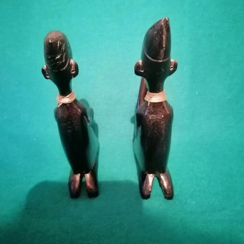 Ebony woodcarving set used, two African figures playing musical instruments