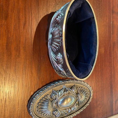 Vintage silver-plated jewelry box new with embossed designs and blue velvet