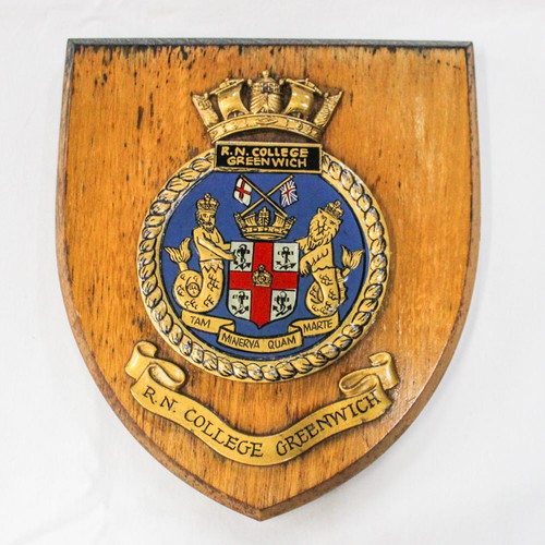English plaque on wooden base, Royal Navy Greenwich College