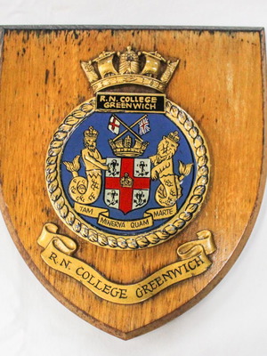 English plaque on wooden base, Royal Navy Greenwich College