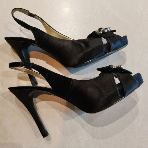 Nine West black fabric sandals with decorative buckle, 12cm heel