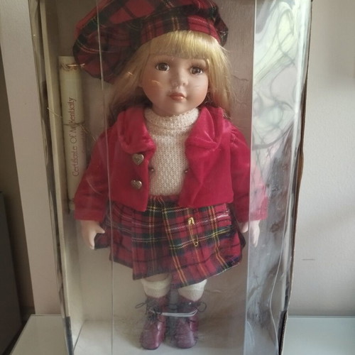 Collector's Choice DanDee Porcelain Doll like new, tartan plaid outfit