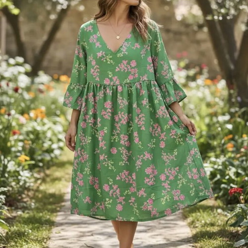 Midi dress floral with V neckline green, new