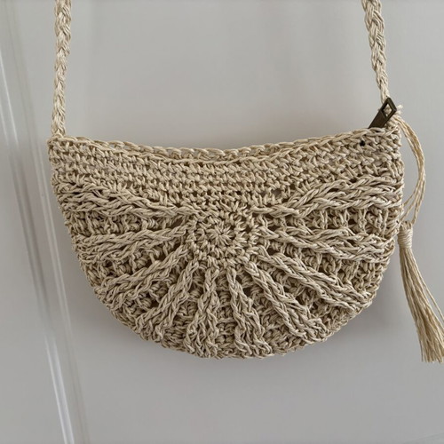 Straw crossbody bag new, beige, semicircular with tassel