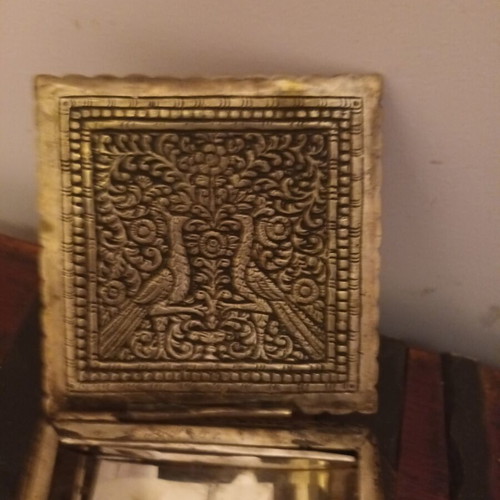 Brass jewelry box antique used 11x11x5 cm