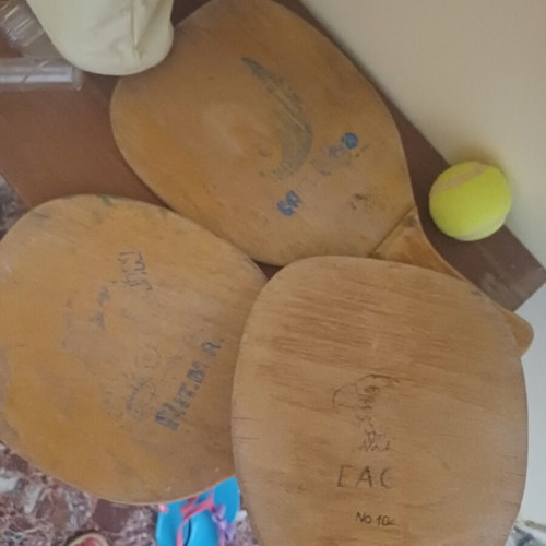 Vintage wooden beach rackets set of 3 with tennis ball, Eagle No 104 & Dolphin