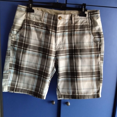 Men's checked bermuda shorts used, size 38, 100% cotton, blue and brown