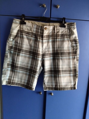Men's checked bermuda shorts used, size 38, 100% cotton, blue and brown