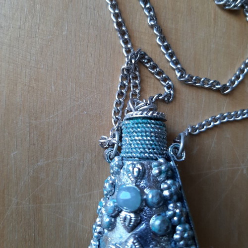 Vintage perfume bottle necklace used with filigree and semiprecious stones