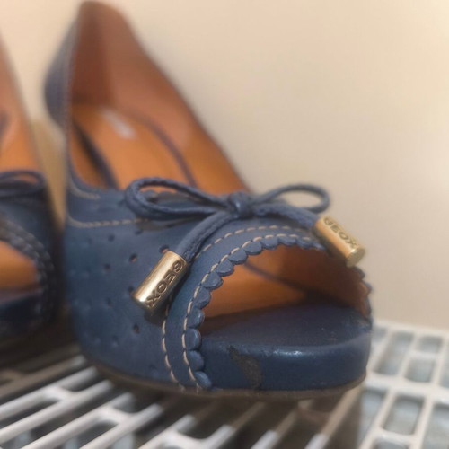 Geox peep toe pumps blue used, size 38.5, brown heel