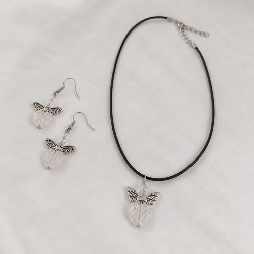Little Angels #2 Necklace and Earrings Set with Clear Crystal, New