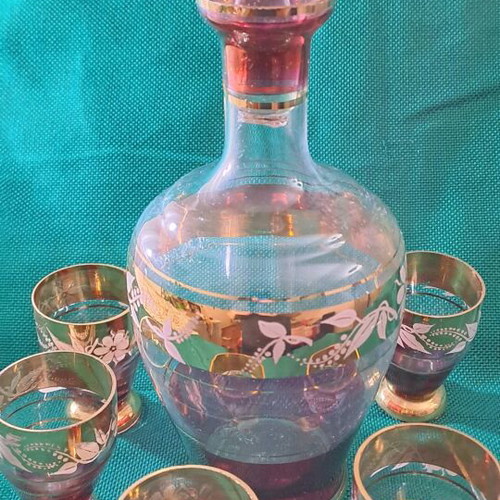 Antique crystal wine set with gold and burgundy decoration, 5 glasses