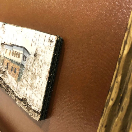 Handmade painting on a thin wooden bark with the theme "Mount Athos"