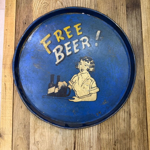 Vintage metal tray "Free Beer" used, retro pub decor