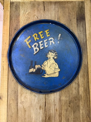 Vintage metal tray "Free Beer" used, retro pub decor