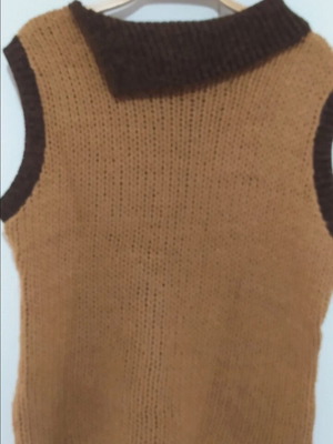 Sleeveless sweater used, beige with dark brown collar, size M