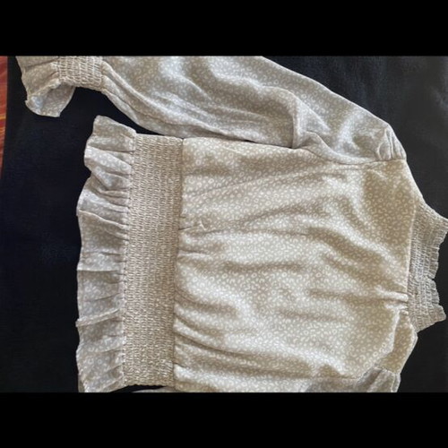 Romantic women's blouse beige used, size M with smocked waist and peplum hem