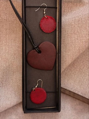 Handmade leather jewelry set like new with heart pendant necklace and red earrings