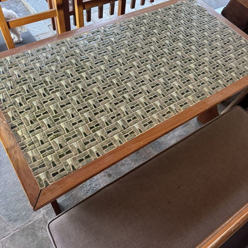 Handmade solid beech wood dining table with mosaic tiles and seating
