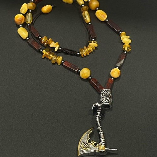 Men's choker with amber and red jasper, new