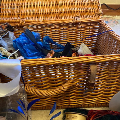 Basket with used sewing materials, Fortnum & Mason London