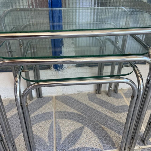 Set of 3 glass and metal coffee tables