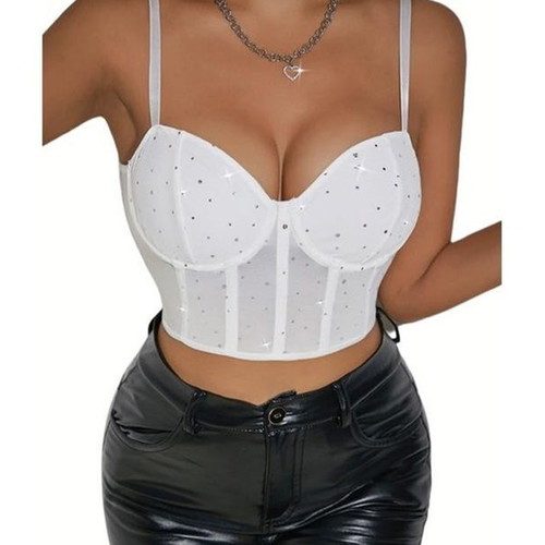 Women's white sparkling corset crop top with adjustable straps, size S