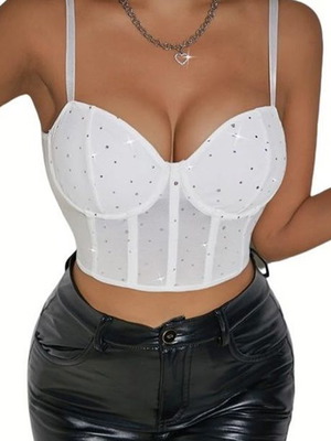 Women's white sparkling corset crop top with adjustable straps, size S