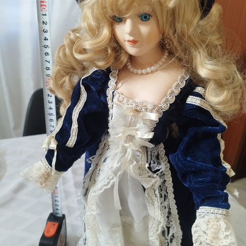 Porcelain doll Victorian style 45cm like new, blue velvet