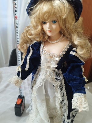 Porcelain doll Victorian style 45cm like new, blue velvet