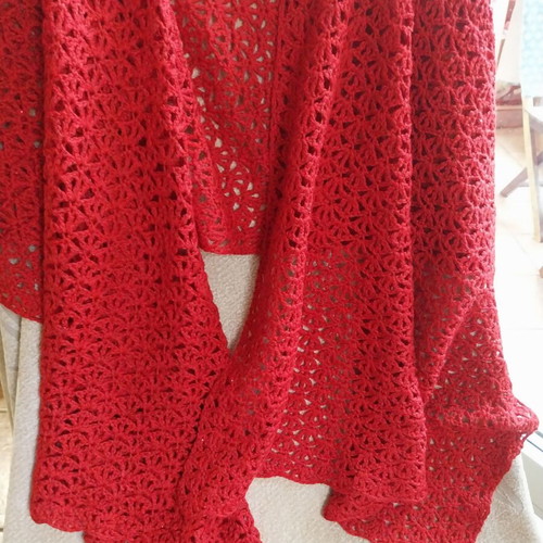 Red merino and silk crochet shawl with sequins