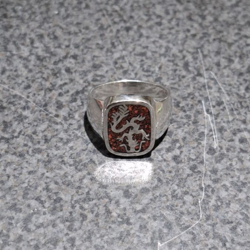 Silver men's signet ring 925 vintage dragon red mosaic used