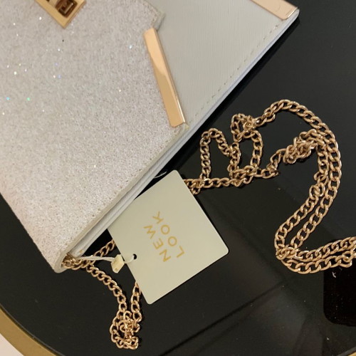 White glitter envelope bag new with gold metallic details