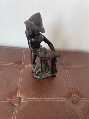 Wooden decorative figurine used, fisherman 24 cm tall