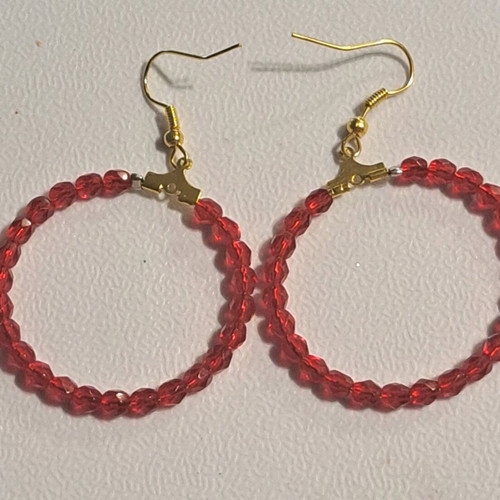 Earrings with red beads on silver hoop like new